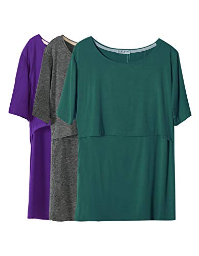 Smallshow 3 Pcs Maternity Nursing T-Shirt Nursing Tops Dim Grey-Indigo-Green Large
