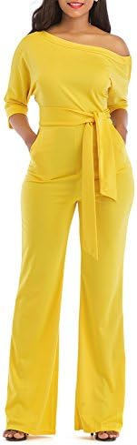 ONLYSHE Women's Sexy One Shoulder Solid Jumpsuits Wide Leg Long Romper Pants with Belt