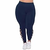 Tootu Women Plus Size Elastic Leggings Solid Criss-Cross Hollow Out Sport Pants (XXXL, Navy)