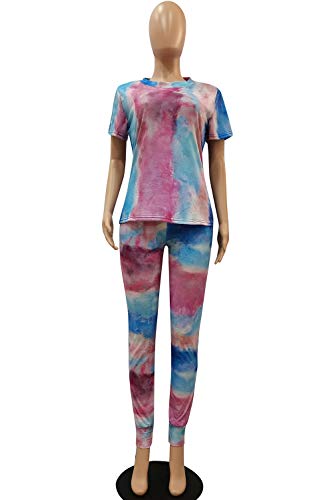 Akmipoem Jogging Suits for Women Casual 2 Piece Tracksuit Outfits Short Sleeve Tops & Bodycon Pants Set, Blue&Purple L