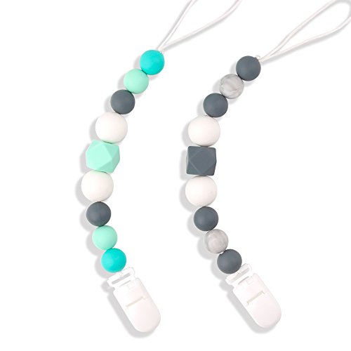 TYRY.HU Pacifier Clips Silicone Teething Beads BPA Free Binky Holder for Girls, Boys, Baby Shower Gift, Teether Toys, Soothie, Mam, Drool Bibs, Set of 2 (Green, Gray)