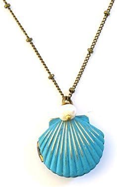 Shell Locket Necklace in Blue with White cultured freshwater Pearl Beach wedding