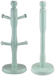 New Mint Green Set of Wooden Lightweight & Strong Rubber Wood Kitchen Mug Tree 6 Cup Holder Mugtree Stand & Kitchen Towel Paper Roll Holder Stand by Deco Trading