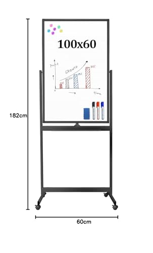 60x100Cm Magnetic Mobile White Board, Double Sided Dry Erase Board Rolling Whiteboard, Standing Whiteboard on Wheels for Home Office Classroom & Home, Black