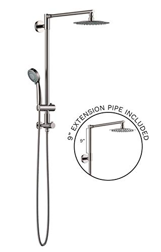 Polaris III Retrofit Rain Shower System, 3-Setting Handheld Shower Combo with Slide Bar, 8" Low Profile Shower Head for Low-Ceiling Bathrooms, 9-Inch Vertical Extension Pipe (Brushed Nickel)