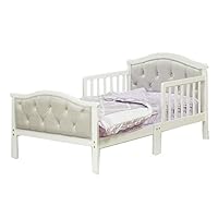 Toddler Bed with Soft Tufted Headboard, Kids Wood Bed Frame with Half Side Rails