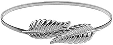 High Elastic Metal Leaves Waist Belt,Women's Adjustable Golden Silver Waistband Stretch Waist Chain Belt (L, Silver)