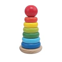 KangRuiZhe Rainbow Stacking Stacker Toddler Toy, Developmental Toys, Superior Craftsmanship, Rings, Round 8 Colorful Wooden Pieces,Solid Wood Base