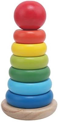 KangRuiZhe Rainbow Stacking Stacker Toddler Toy, Developmental Toys, Superior Craftsmanship, Rings, Round 8 Colorful Wooden Pieces,Solid Wood Base