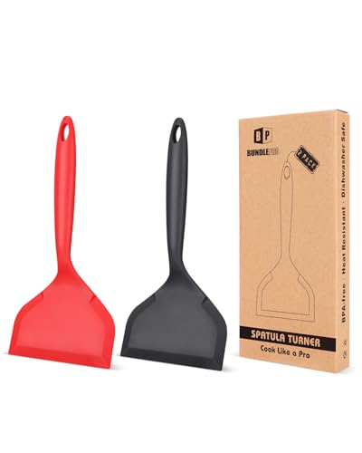 Pack of 2 Wide Silicone Spatula,Nonstick Pancake Shovel with Short Handle, Fried Flexible Turner, BPA Free Kitchen Cookwares for Egg, Cookie, Omelette, Fish, Burgers