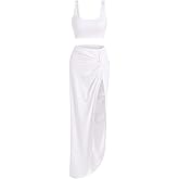 ZAFUL Women's Casual Sleeveless Summer Solid Marled Crop Top and Draped Ruched Maxi Skirt Set Two Piece Dress