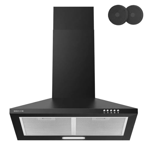 Soonye Extractor Hood 60 cm Class A, Kitchen Hood 350m³/h, Drain or Recycle, Carbon Filter Included, Wall Hood, Black
