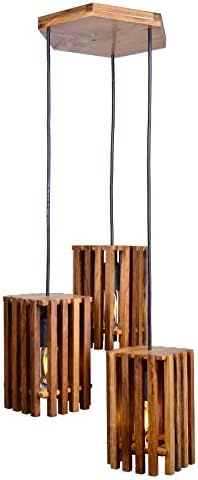Woodify, Teak Wood, E27 Contemporary Triple Chandelier Antique Pendent Lamp Ceiling Rustique Lamp Shade for Home Decor with Hexagon Wooden Canopy