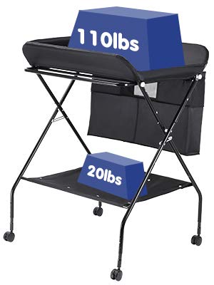 Baby Changing Table with Wheels, FORSTART Adjustable Height Folding Diaper Station Portable Mobile Nursery Organizer with Newborn Clothes & Storage Rack for Infant
