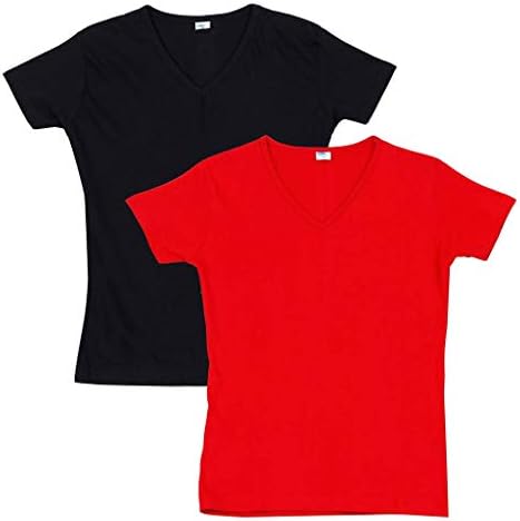 FLEXIMAA Women's Cotton V-Neck T-Shirt Plain (Pack of 2) - Black & Red Colors.