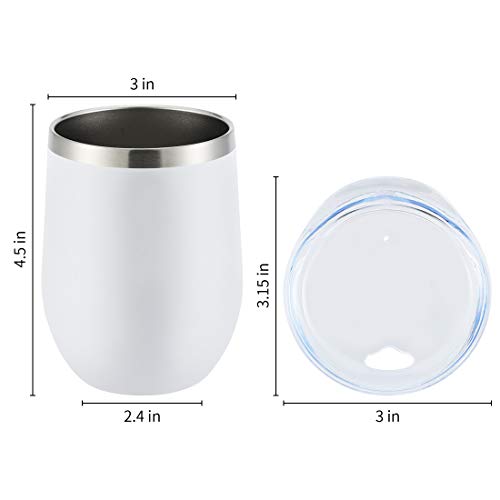 DOMICARE Insulated Wine Tumbler with Lid (4 Pack, White) - 12 OZ Stemless Double Wall Vacuum Traval Mug - Keeping Cold & Hot for Wine, Coffee, Cocktails, Drinks