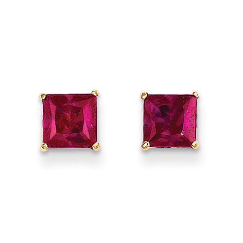 5mm Square Princess Ruby Stud Earrings in 14K Yellow Gold