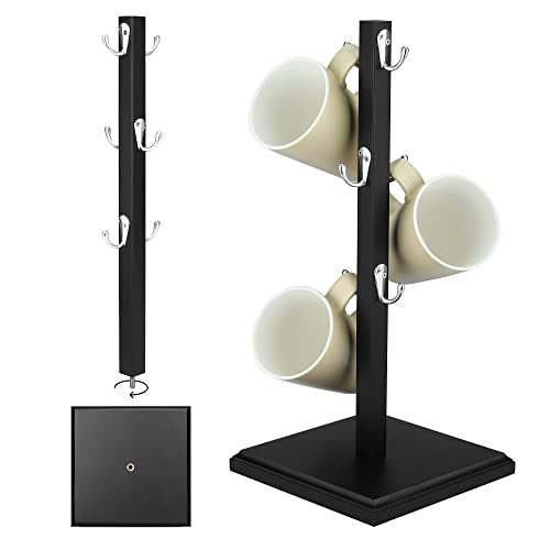 Rustic Coffee Mug Holder, Mug Holder Tree 6 Hooks Bamboo Mug Rack Holds 6 Mugs (Black)