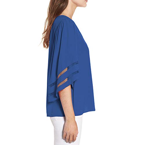 Shy Velvet Women's V Neck 3/4 Bell Sleeve Chiffon Blouse Mesh Panel Loose Top Shirts Blue - Thumbnail 3