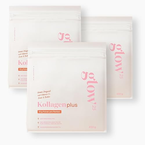 Glow25® Kollagen Plus Pulver [3x450g] - Collagen Hydrolysat mit Vitamin C, Zink und Biotin - Peptide Typ 1 und 3 - Gute Löslichkeit - Neutral