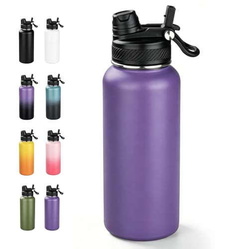 32oz Stainless Steel Insulated Water Bottle, 2-in-1 Straw & Spout Lid, Double Wall Vacuum Keeps Cold 24H & Warm, Powder Coated Anti-Slip Tumbler for Sports Travel School. at Amazon
