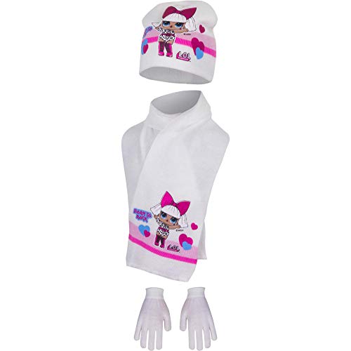 L.O.L Surprise Hat,Glove & Scarf 3 Pieces Winter Set For Girls with Glitter Print (Off White)