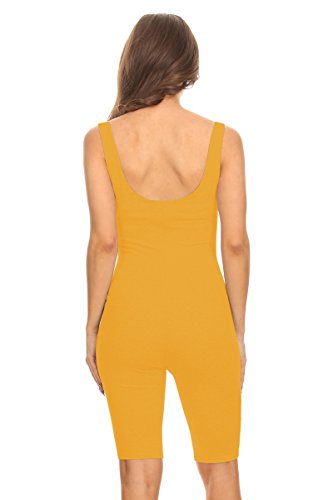 Women Sleeveless Stretch Skinny Solid Knee Length Sport Unitard Bodysuits Active (Small, Mustard)