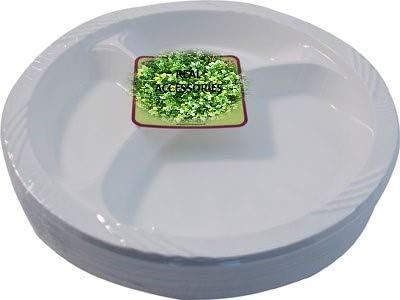 PACK OF 50 X 3 Compartments Section Round Plastic Plates Strong & Durable Reusable Disposable Dinner Plates 10.25 inch 26cm Large Dinner Plates by REAL ACCESSORIES® Perfect for Any Party