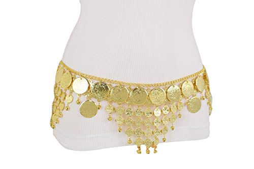 TFJ Women Gold Metal Chain Ethnic Fashion Belly Dancing Belt Hip Coin Bells Charms L XL