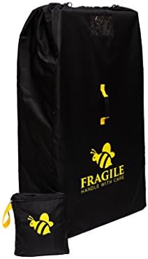 Kezme Gate Check Stroller Bag for Single and Double/Dual Strollers. Ultra Durable Waterproof Nylon Black/Yellow Padded Shoulder Straps for Comfort Compact and Fold-able with Attached Storage Bag.