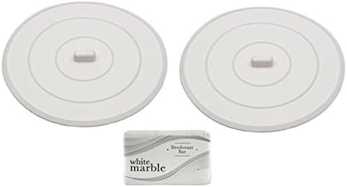 Two White Flat Round Sink and Bathtub Drain Rubber Stopper With a Dial Deodorant White Marble Bar Soap