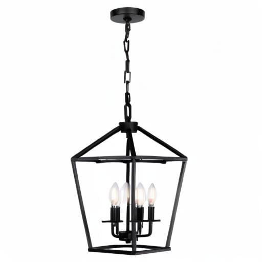 4 Light Chandelier, Industrial Ceiling Light Black Lantern Light Fixtures with Farmhouse Metal Cage Adjustable Height Rustic Geometric Hanging Light E12 Base for Kitchen Island, Entryway, Indoor