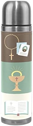 Saobao Religions Simbol Water Bottle Stainless Steel Double Wall Vacuum Insulatied Thermos Cup Leak Proof Travel Coffee Mug Genuine Leather Cover Keep Drinks Hot and Cold 17 Oz