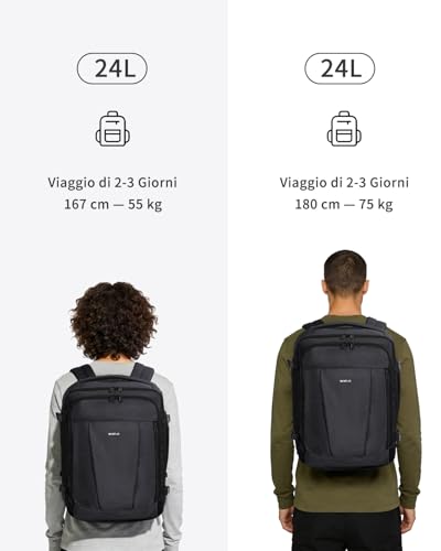 ECOHUB Ryanair Travel Backpack 40 x 30 x 20 cm 13 Pockets Hand Luggage Under the Seat Handle Eco Friendly Airplane Bag in Recycled PET 24 Litres, Patented (Black)