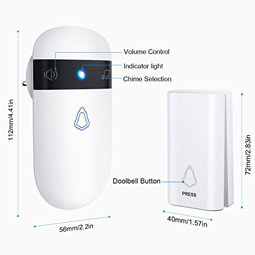 Gobikey Outdoor Wireless Doorbell, Waterproof Wireless Doorbell, 52 Melodies, 5 Volume Levels (0dB - 110dB) 150M Range, LED Indicators - No Battery Needed