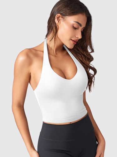 ZAAYO Halter Neckline Tank Top Women's Deep V Padded Crop Top Women's Sports Tops Summer Basic Sexy Sleeveless Summer Tops