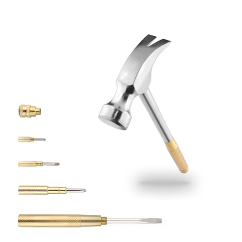 Small Metal Hammer 6 in 1 with Slotted/Flat Head Phillips Screwdriver Claw Hammer Manual, Portable Multifunction Tool Hammer (Gold Silver)
