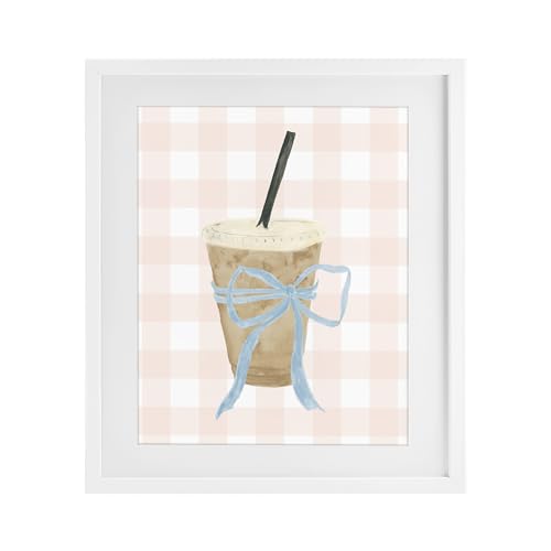 Stupell Industries 'Iced Coffee on Gingham', Framed Print Under Glass, White, 1…