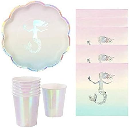 Mermaid Party opalescent Elegant Party Supplies Silver Foil Stamped Mermaid Plates & Napkins with Iridescent Matching Cups