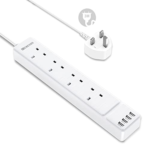 HITRENDS 3M Power Extension Cord, 4 Way Outlets Power Strip with 4 USB C Port with Surge Protection Safety Shutter 13A UK Plug Extension Lead for Home, Office, Kitchen (White)