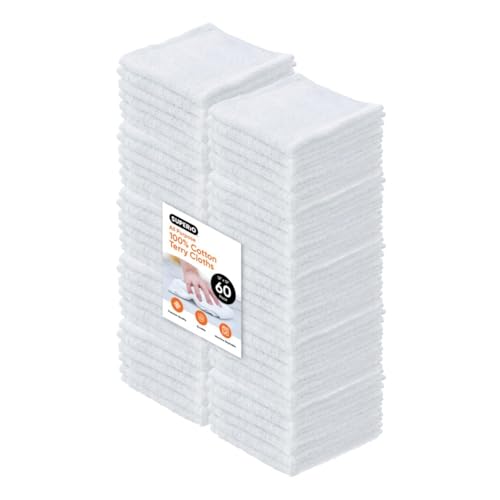Superio Terry Cloth Rags White Washcloths 100% Cotton 12" Cleaning Cloths, Kitchen Towels, Facial Washcloth, Spa Cloths, Hand Towel, Small Lint Free Rags for Multi-Purposes, 60 Pack