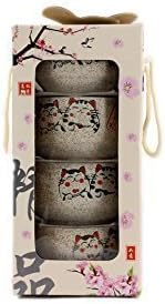 4 Ceramic Rice Bowls with Chopstick Set - Fortune Cat, Maneki Neko