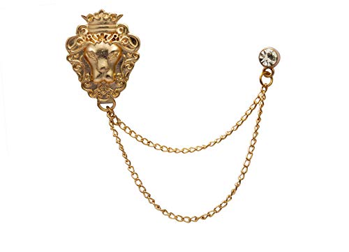 AN KINGPiiN Lapel Pin for Men Golden Brass Lion Design with Chain Brooch Suit Stud, Shirt Studs Men's Accessories - Thumbnail 5
