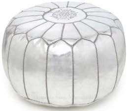 Moroccan Leather Pouf Footstool with Embroidery [STUFFED] Metalllic Silver [SHIPS FROM WITHIN USA]