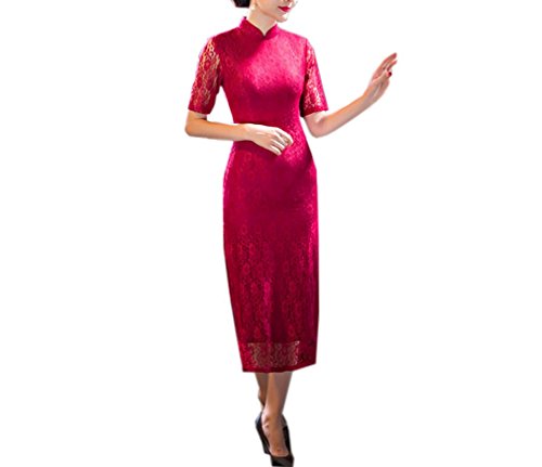 XueXian(TM) Women's Lace Hallow Out Layers Summer Prom Wedding Dress Qipao Long Cheongsam