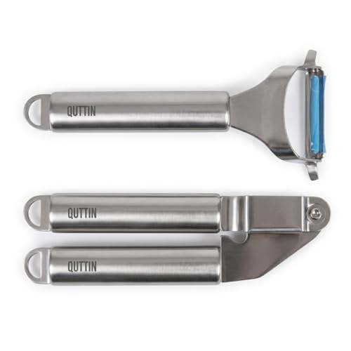 Professional Garlic Press + Vegetable Peeler – Garlic Chopper + Potato Peeler – Effortlessly Crushes in Seconds – Stainless Steel – Easy Cleaning, Dishwasher – Quick Cooking Kit Recipe QR