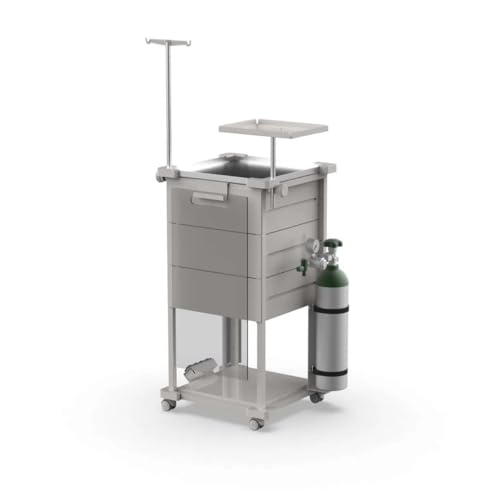 Carrinho de Parada Hospitalar de Emergência Utilitário Auxiliar 3 Gavetas - Tampo Inox com Rodinhas - Com Equipamentos | Clínicas, Hospitais e UTI - MAD.U