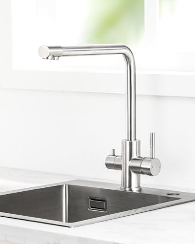 Sofetiy 3-Way Kitchen Tap, Osmosis Tap with 2 Levers, Kitchen Tap with Cold and Hot Water and Filtered Water, Brushed Stainless Steel, 360° Rotatable (No Water Purifier)