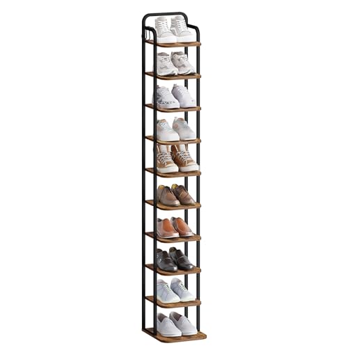 Hzuaneri Vertikales Schuhregal, 10-Stockige Schuhregale, Schuhturm für kleine Räume, Freistehend, Verstellbar, Platzsparend, Braun und Schwarz SR11201