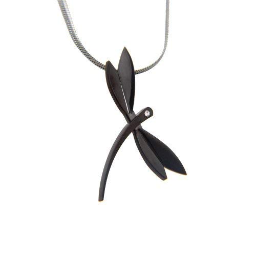 Urban-Jewelry Good Luck Women Cubic Zirconia Stainless Steel Dragonfly Pendant Chain Necklace 18" (Black, Silver)